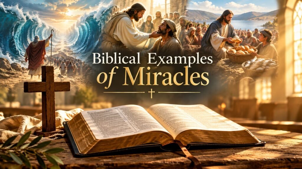 60 Powerful Prayers for Miracles for Healing, Breakthrough & Blessings 3 Biblical Examples of Miracles featuring an open Bible, wooden cross, and symbolic scenes of God’s miraculous works