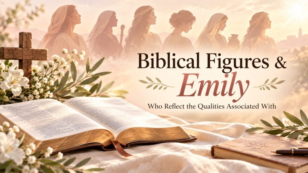 Alt text: Open Bible illuminated by warm sunlight with white flowers, greenery, and subtle biblical figures symbolizing the qualities associated with Emily.