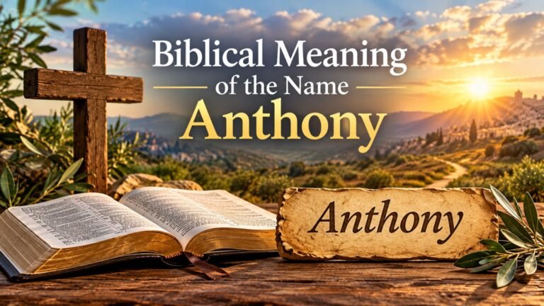 Biblical Meaning of the Name Anthony with an open Bible, wooden cross, and peaceful sunrise landscape.