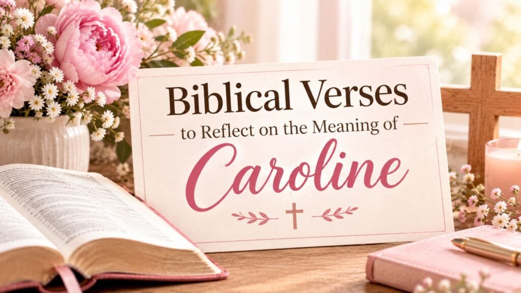 Biblical verses to reflect on the meaning of Caroline, featuring an open Bible, cross, flowers, and a peaceful devotional setting.