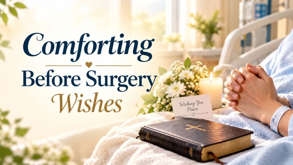 Clasped hands beside a Bible, flowers, and a candle in a peaceful hospital setting, representing comforting before surgery wishes
