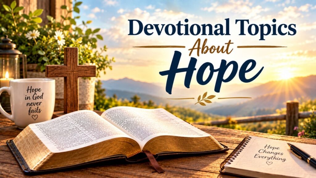 66 Best Devotional Topics for Personal and Group Devotions 3 Devotional Topics About Hope with an open Bible, wooden cross, sunrise, and peaceful mountain landscape symbolizing Christian faith and hope.
