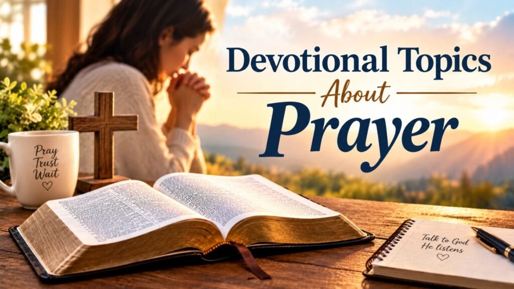 66 Best Devotional Topics for Personal and Group Devotions 2 Devotional Topics About Prayer with an open Bible, wooden cross, and person praying in warm golden light.