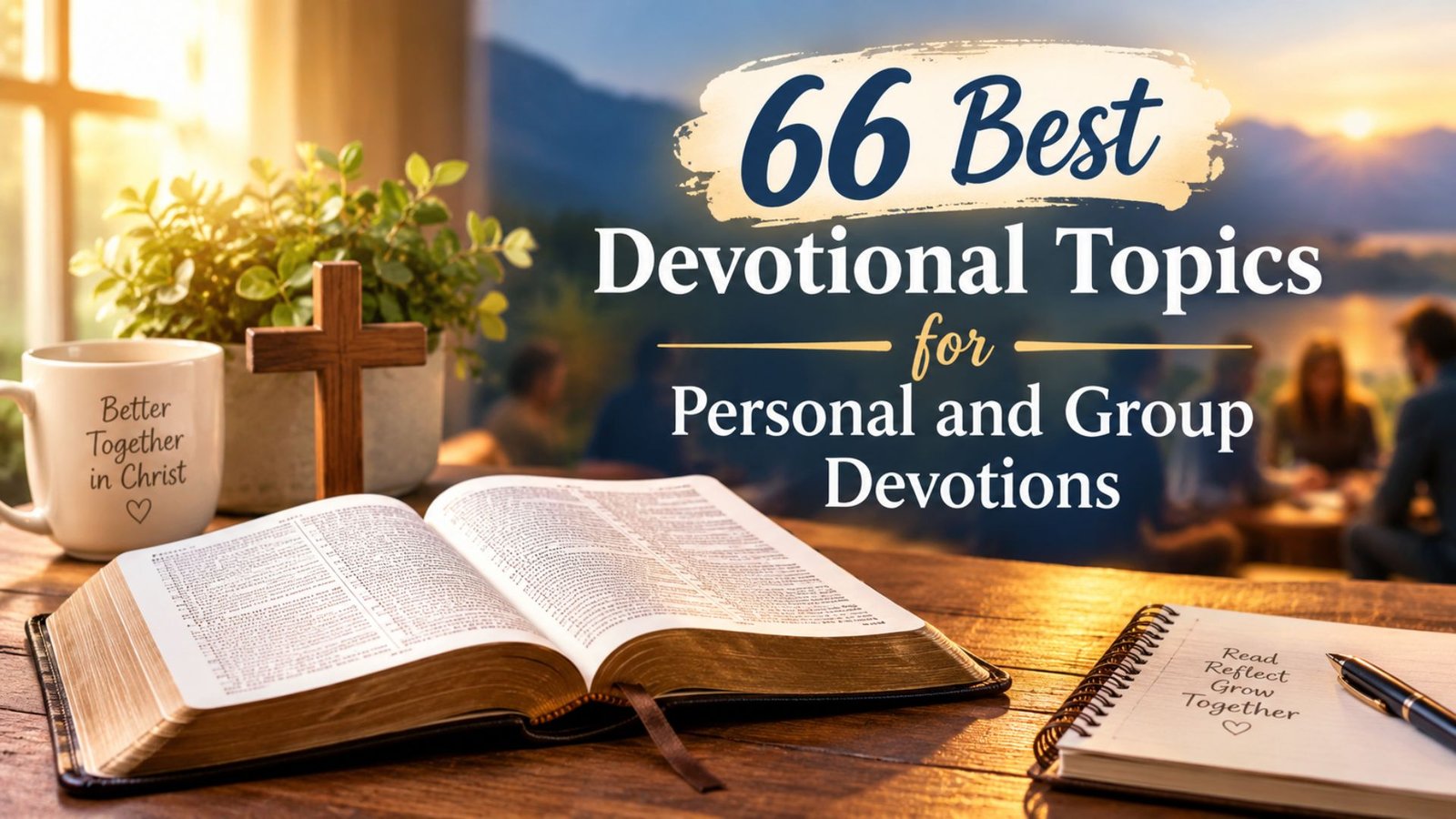 66 Best Devotional Topics for Personal and Group Devotions featuring an open Bible and Christian study group.