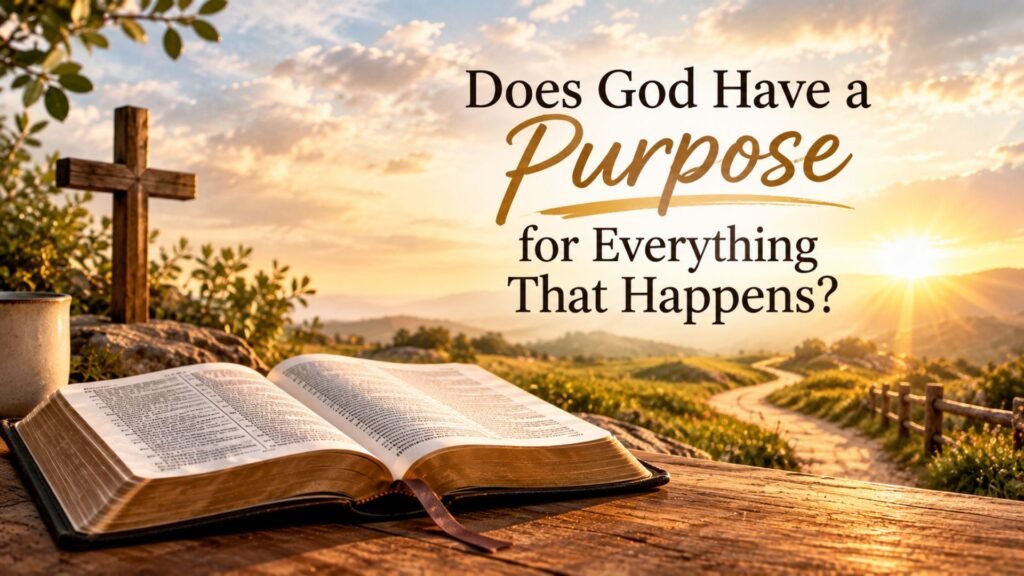 Does God have a purpose for everything that happens? Christian devotional image with an open Bible and peaceful pathway