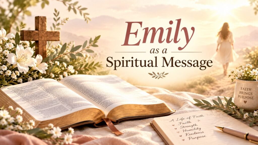 : Emily as a Spiritual Message — open Bible, wooden cross, white flowers, and warm sunlight symbolizing faith, strength, humility, kindness, and spiritual purpose.