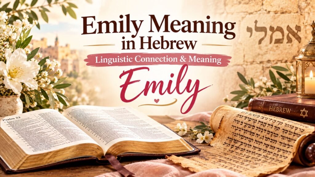 Open Bible and ancient Hebrew parchment with the name Emily, illustrating its linguistic connection and meaning in Hebrew.