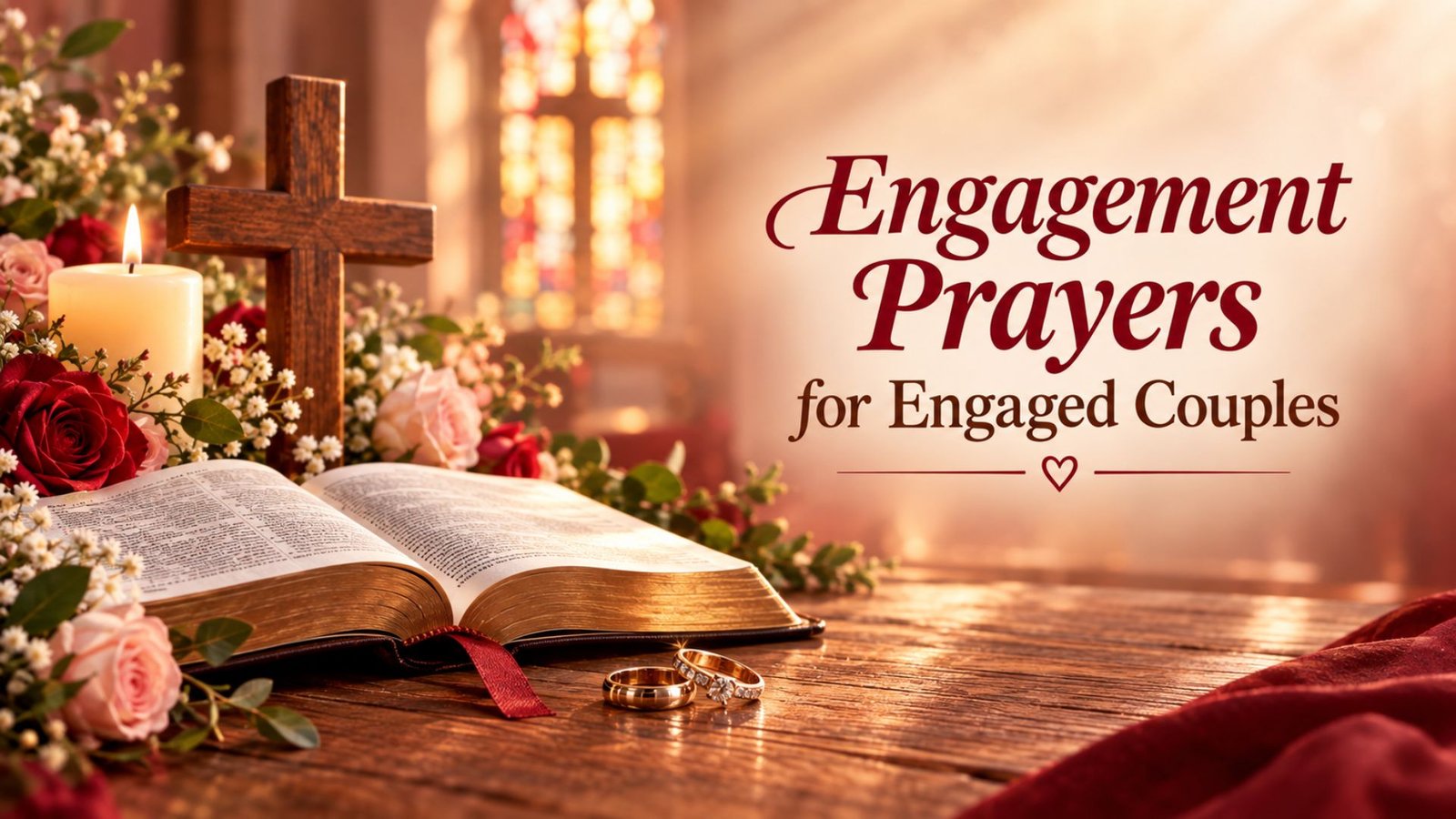 Engagement prayers for engaged couples with wedding rings, an open Bible, wooden cross, candle, and blush flowers symbolizing faith and commitment.