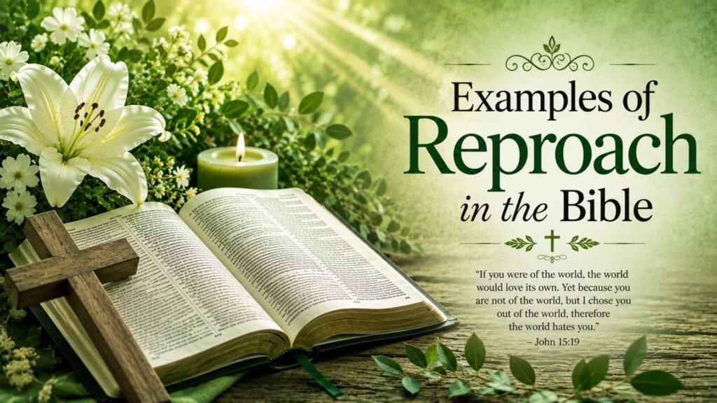 60 Powerful Bible Verses About Reproach 2 Examples of Reproach in the Bible featuring an open Holy Bible, wooden cross, glowing green candle, white flowers, lush foliage, and soft golden sunlight symbolizing faith, endurance, rejection, and spiritual strength.