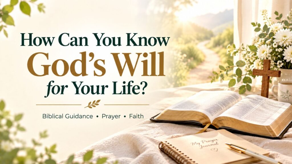 66 Powerful Bible Verses About God's Will and Finding His Purpose for Your Life 2 Open Bible, prayer journal, wooden cross, and white flowers illuminated by warm sunlight, symbolizing biblical guidance and seeking God’s will for your life