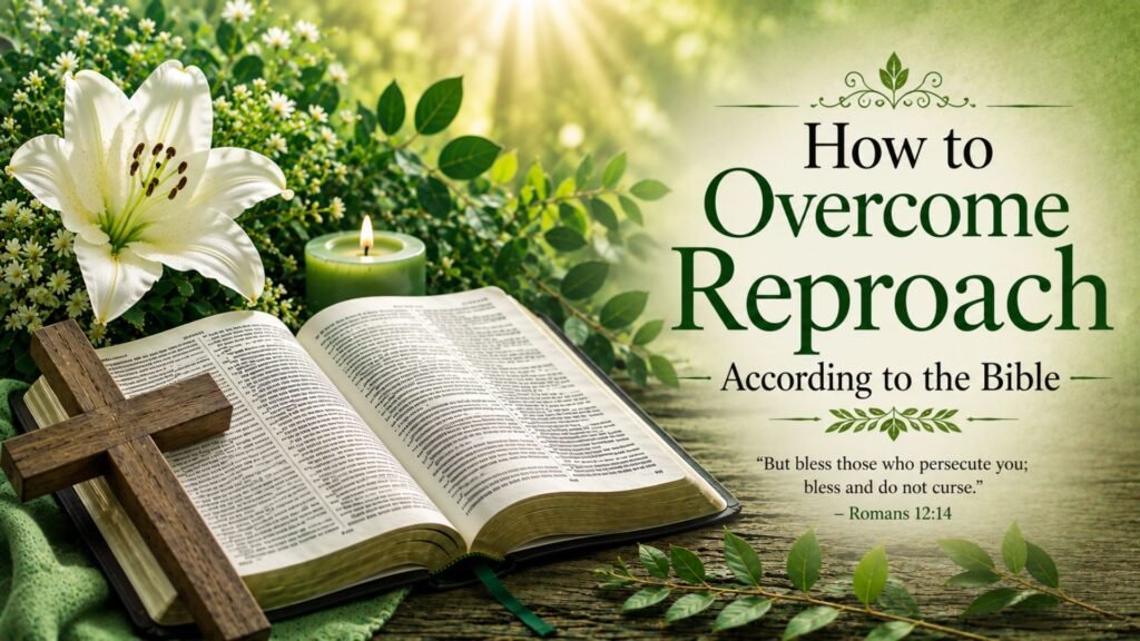 60 Powerful Bible Verses About Reproach 3 How to Overcome Reproach According to the Bible featuring an open Holy Bible, wooden cross, green candle, white lily, lush foliage, and soft golden sunlight symbolizing faith, forgiveness, endurance, and spiritual strength.