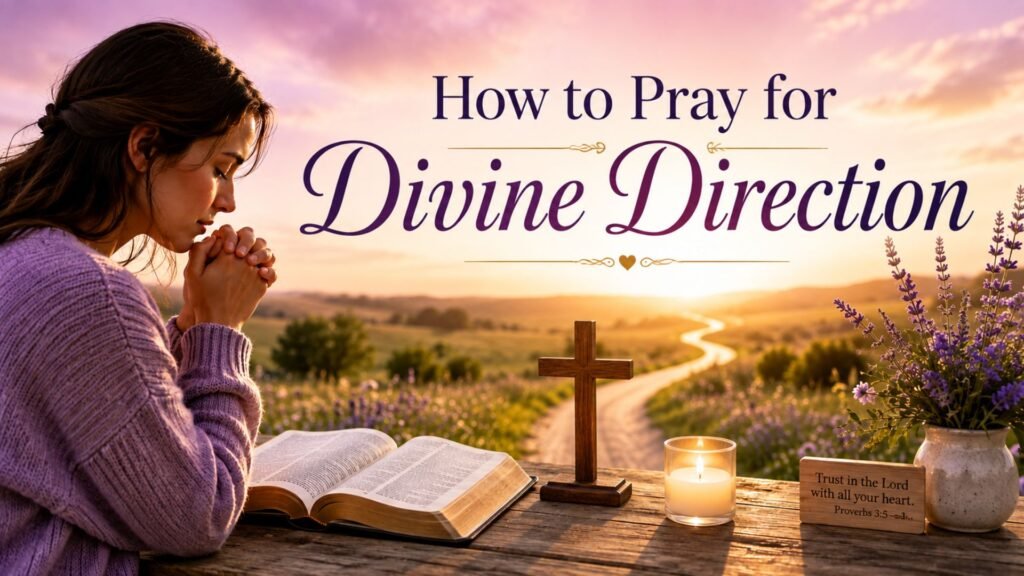 66 Powerful Prayers Points On Divine Direction With Scriptures 2 How to pray for divine direction with a woman praying beside an open Bible and wooden cross, with a peaceful path leading toward golden light.