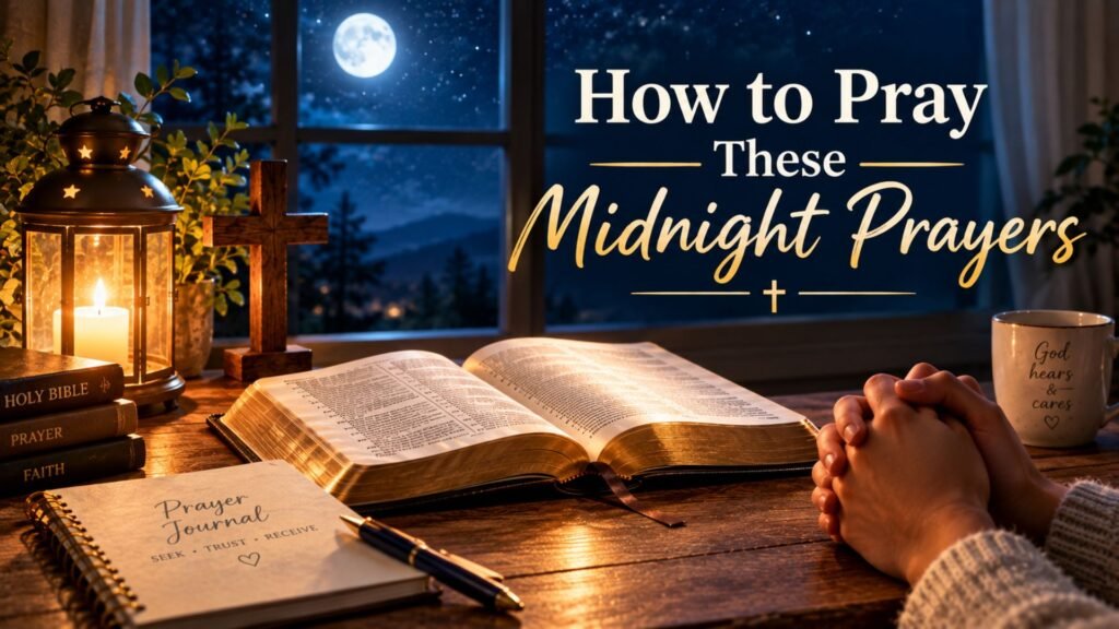 How to pray these midnight prayers with an open Bible, prayer journal, clasped hands, and warm candlelight