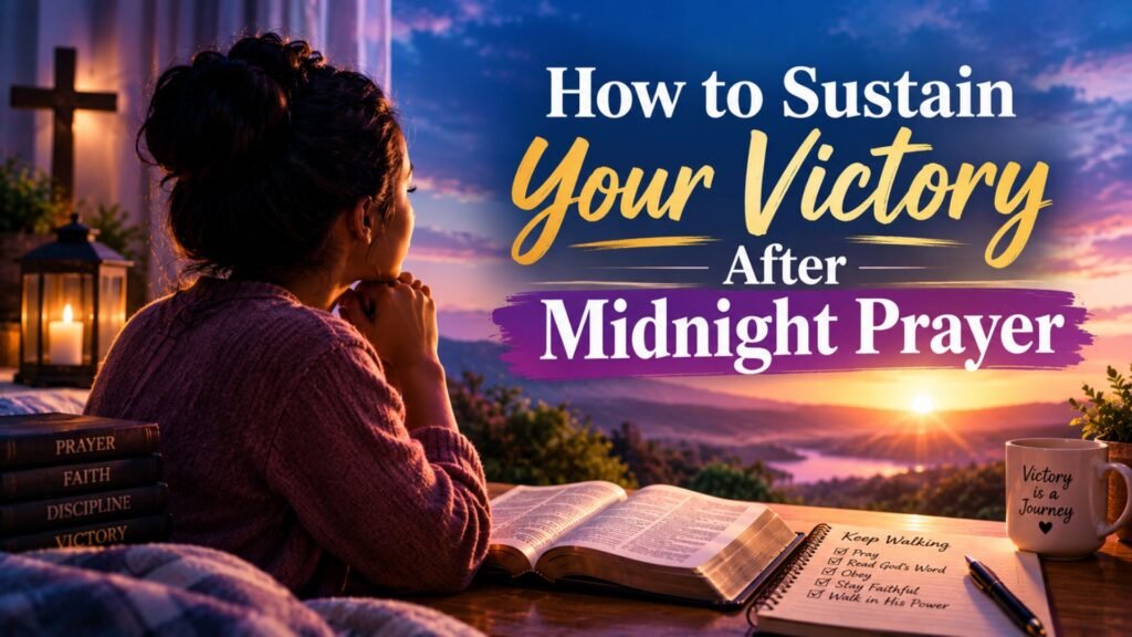 40 Powerful Prayer Points for Midnight Battle 3 Woman praying at sunrise beside an open Bible, symbolizing sustaining victory through faith after midnight prayer