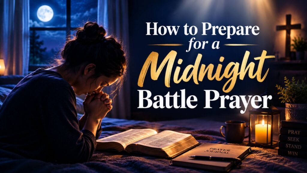 40 Powerful Prayer Points for Midnight Battle 2 Person praying beside an open Bible at midnight while preparing for a midnight battle prayer.