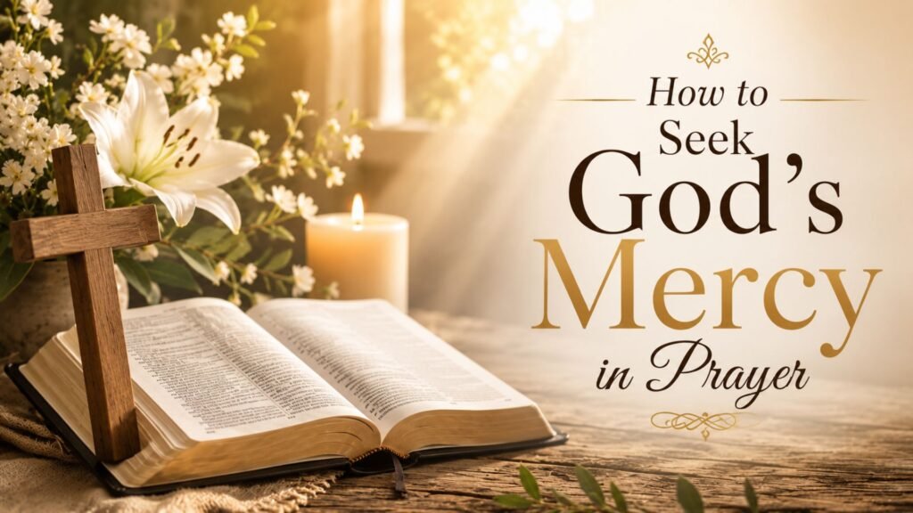 62 Powerful Prayer Points for Mercy with Bible Verses 2 How to Seek God’s Mercy in Prayer featuring an open Holy Bible, wooden cross, glowing candle, white flowers, and warm golden sunlight.