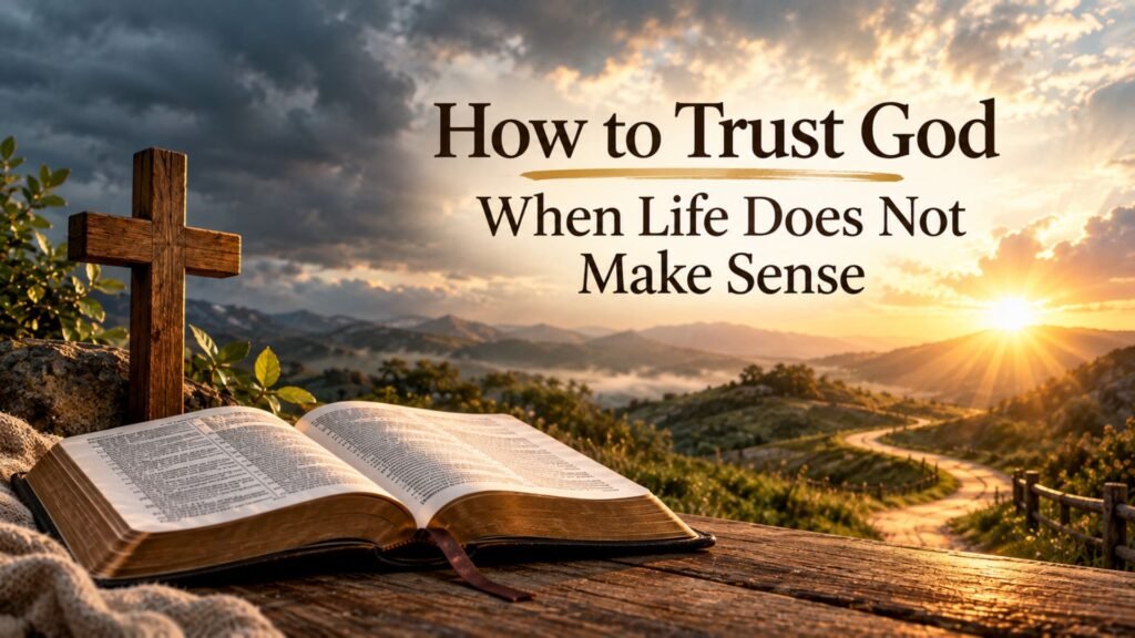 How to trust God when life does not make sense, with an open Bible, cross, and peaceful path toward sunrise