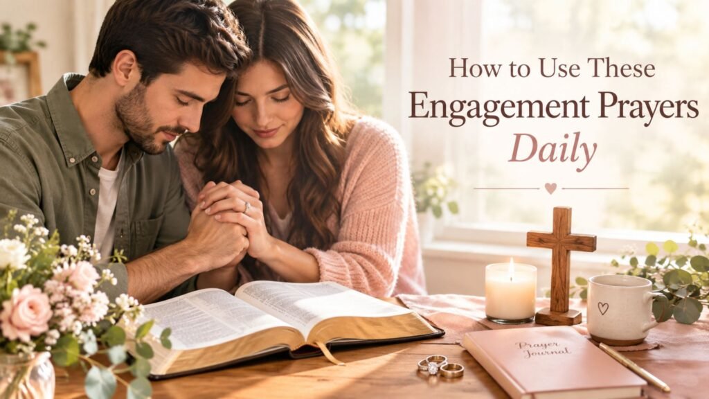 66 Powerful Engagement Prayers for Engaged Couples 3 How to Use These Engagement Prayers Daily with an engaged Christian couple praying beside an open Bible and wedding rings.