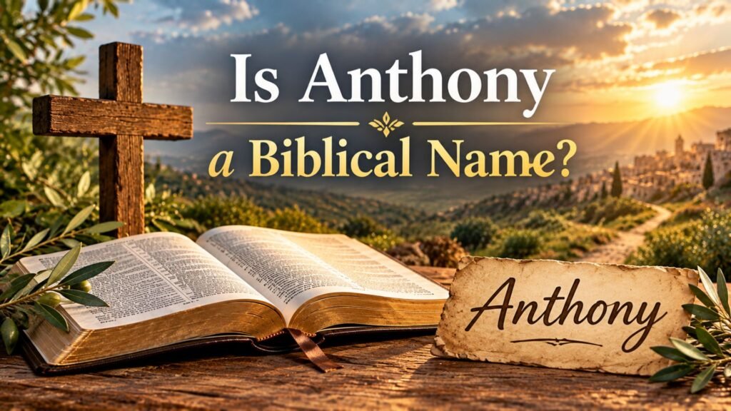 Is Anthony a Biblical Name? Open Bible and wooden cross with the name Anthony on a parchment.