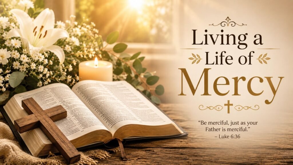 62 Powerful Prayer Points for Mercy with Bible Verses 3 Living a Life of Mercy featuring an open Holy Bible, wooden cross, glowing candle, white flowers, green foliage, and warm golden sunlight symbolizing compassion, grace, forgiveness, and Christian faith.