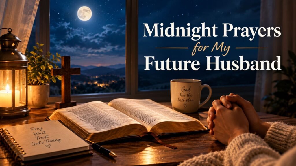 Midnight prayers for my future husband with an open Bible, prayer journal, cross, and peaceful nighttime setting