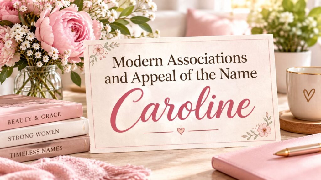 Modern associations and appeal of the name Caroline, presented in an elegant pink-themed name setting with flowers and books.