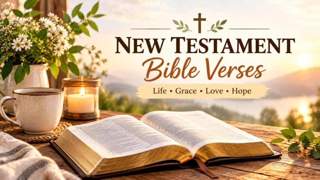 Bible Verse of the Day: Daily Encouragement, Strength & Hope 3 Open Bible on a rustic wooden table with warm sunlight, candle, coffee, flowers, and greenery, representing New Testament Bible Verses about faith, grace, love, and hope
