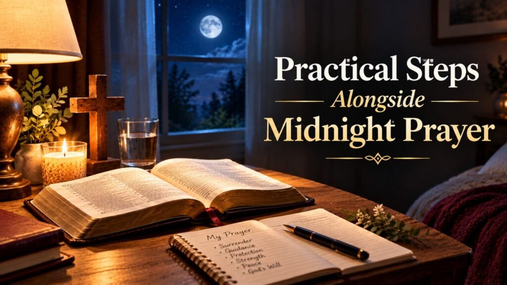 Open Bible, prayer journal, pen, wooden cross, candle, and glass of water on a bedside table beside a moonlit window, illustrating practical steps alongside midnight prayer.