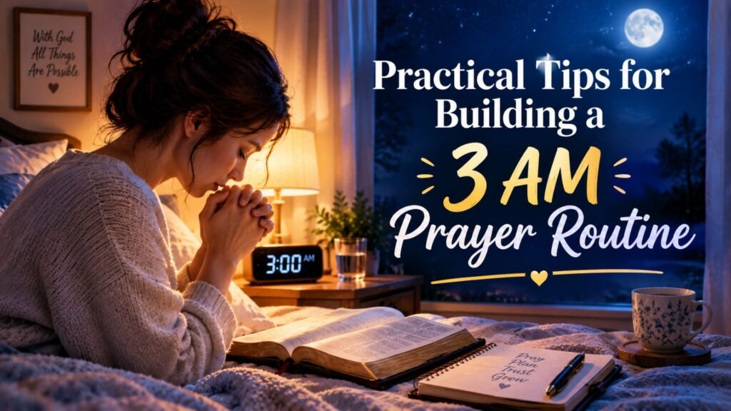 50 Powerful 3 AM Prayer Warfare Points for Breakthrough and Protection 4 Person praying beside a bed at 3 AM with an open Bible, journal, bedside lamp, and moonlit window, illustrating practical tips for building a consistent prayer routine.