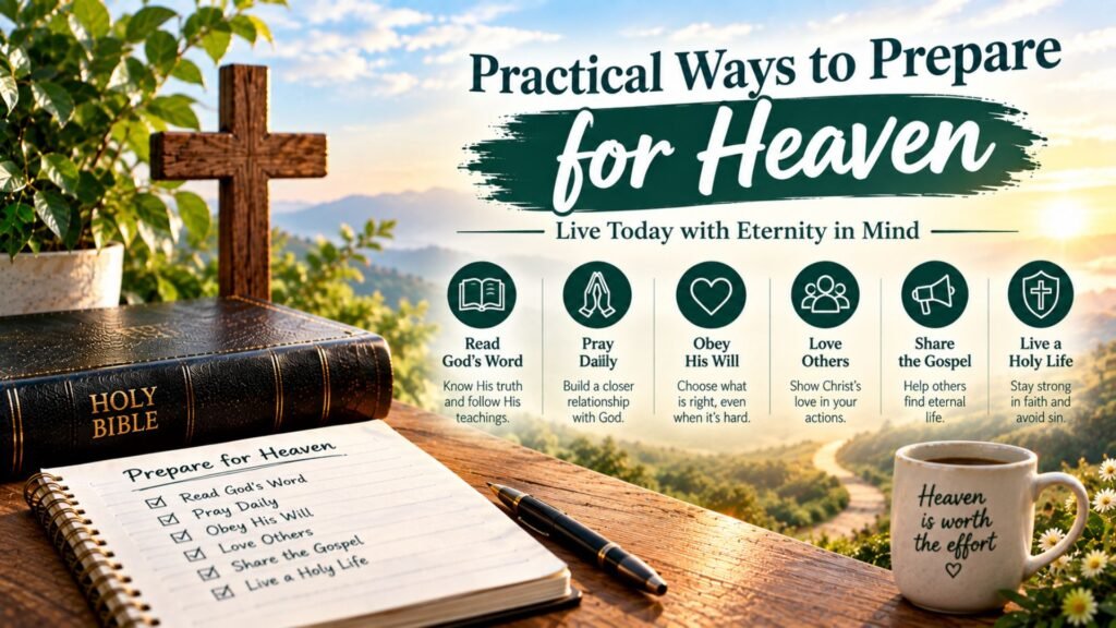 Practical ways to prepare for heaven with a Bible, wooden cross, prayer journal, sunrise path, and reminders to pray, read God’s Word, love others, obey God, share the Gospel, and live faithfully.