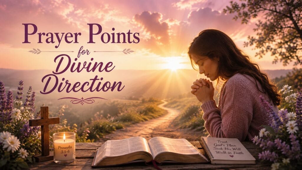 Prayer points on divine direction, featuring an open Bible, wooden cross, glowing candle, and peaceful path toward a bright horizon symbolizing God’s guidance and wisdom.