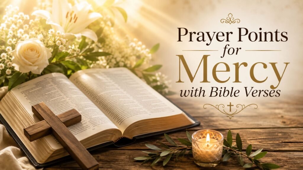 Prayer Points for Mercy with Bible Verses featuring an open Holy Bible, wooden cross, glowing candle, white flowers, and warm golden light.