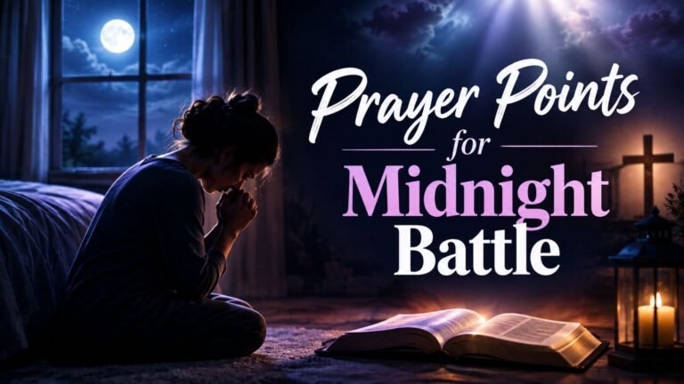 Person praying at midnight with an open Bible, symbolizing spiritual warfare and prayer points for midnight battle.