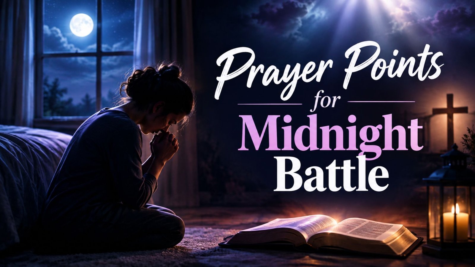 Person praying at midnight with an open Bible, symbolizing spiritual warfare and prayer points for midnight battle.