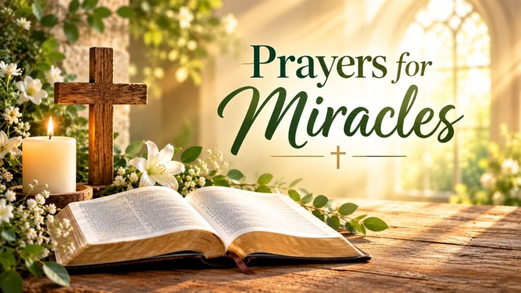 Prayers for miracles featuring an open Bible, wooden cross, glowing candle, white flowers, and warm golden light symbolizing faith, hope, and divine breakthrough.