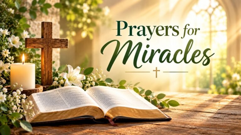 Prayers for miracles featuring an open Bible, wooden cross, glowing candle, white flowers, and warm golden light symbolizing faith, hope, and divine breakthrough.
