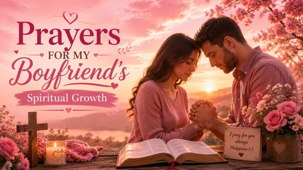 65 Effective Prayers for My Boyfriend: Powerful Daily Prayers 3 Prayers for my boyfriend’s spiritual growth with a young Christian couple praying beside an open Bible and wooden cross in warm pink sunset light.