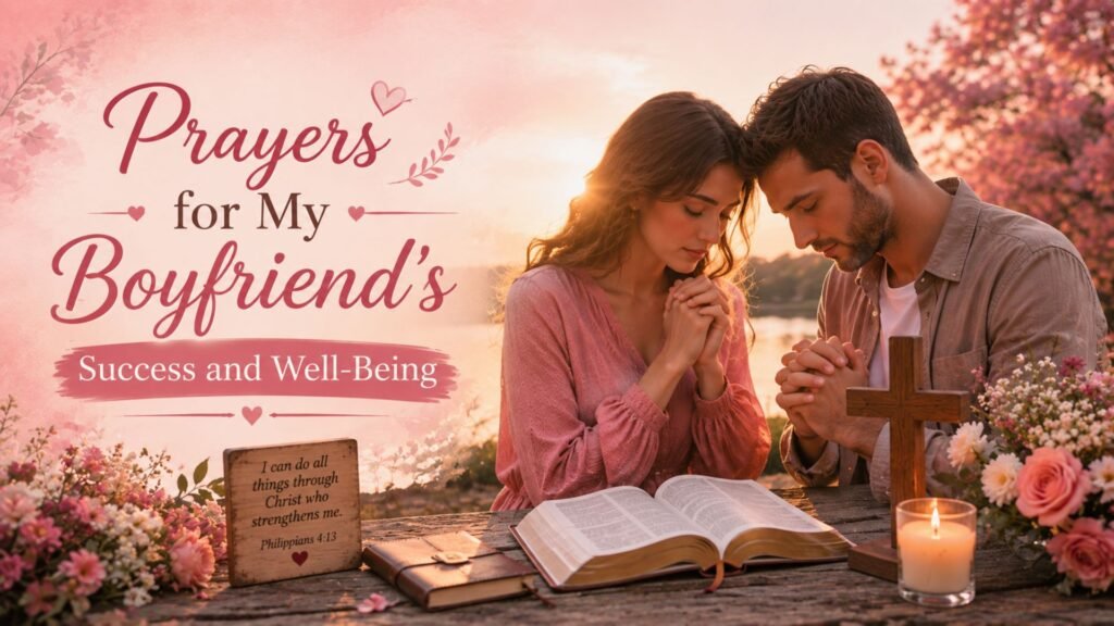 65 Effective Prayers for My Boyfriend: Powerful Daily Prayers 4 Prayers for my boyfriend’s success and well-being with a young Christian couple praying beside an open Bible and wooden cross in warm pink and golden light.