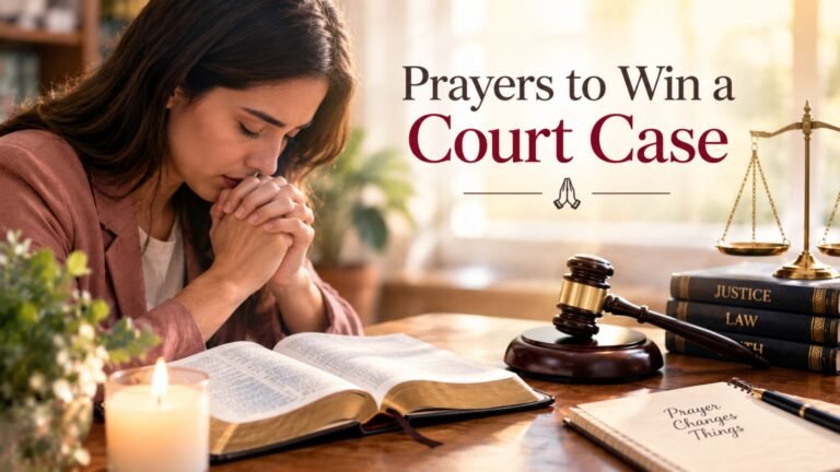 Prayers to Win a Court Case with a woman praying beside an open Bible, courtroom gavel, justice scales, law books, and candle.