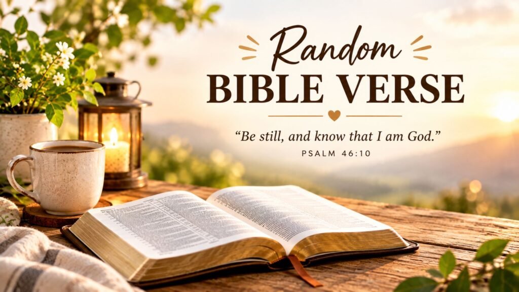 Bible Verse of the Day: Daily Encouragement, Strength & Hope 2 Open Bible on a rustic wooden table with warm sunrise light, coffee, candle, and greenery, featuring a Random Bible Verse for daily inspiration