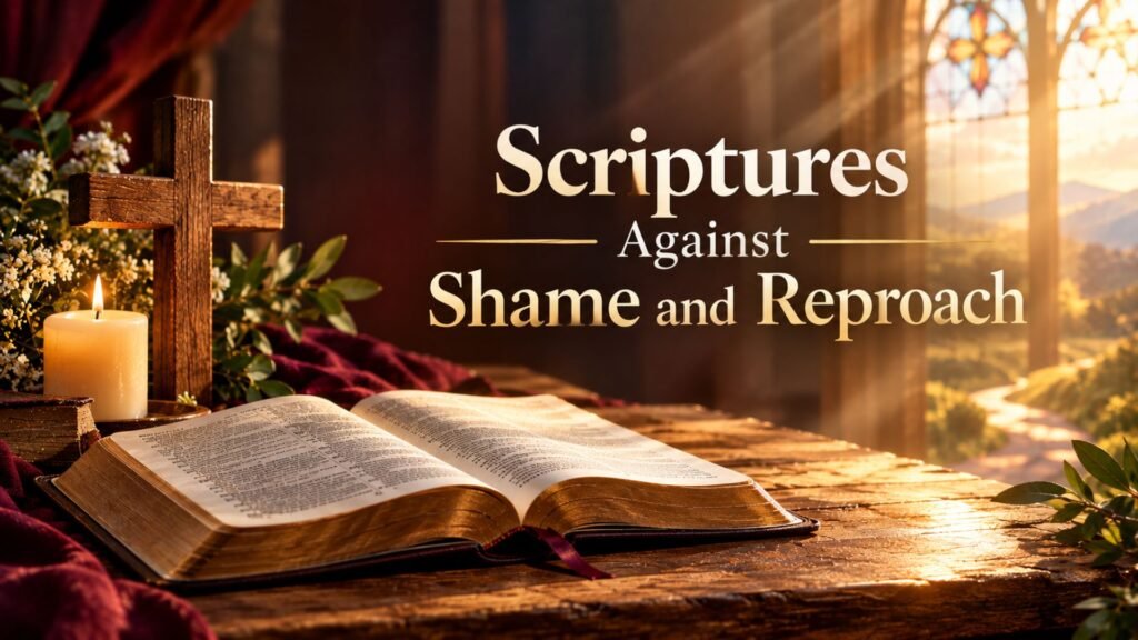 Scriptures Against Shame and Reproach with an open Bible, wooden cross, glowing candle, and warm golden church light symbolizing restoration and God’s grace.