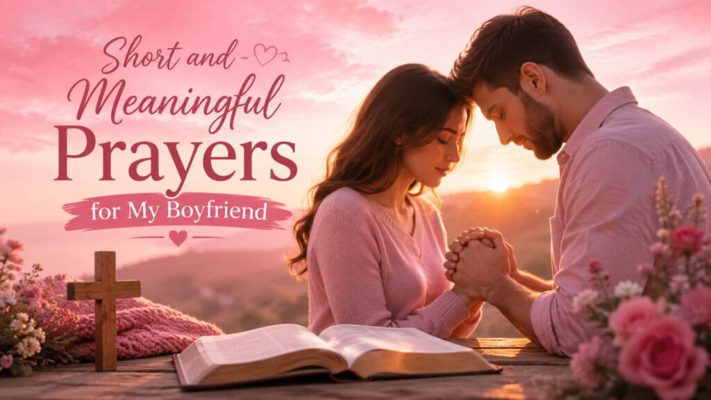65 Effective Prayers for My Boyfriend: Powerful Daily Prayers 2 Short and meaningful prayers for my boyfriend with a Christian couple praying together beside an open Bible and wooden cross.