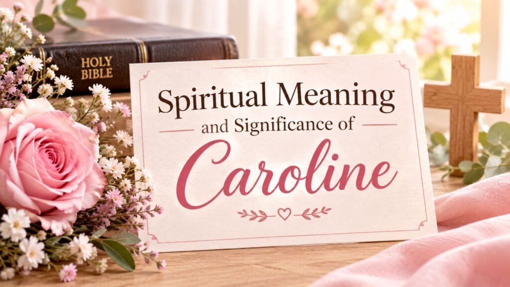 Spiritual Meaning and Significance of Caroline – a faith-inspired name meaning image with a Bible, cross, and pink flowers.