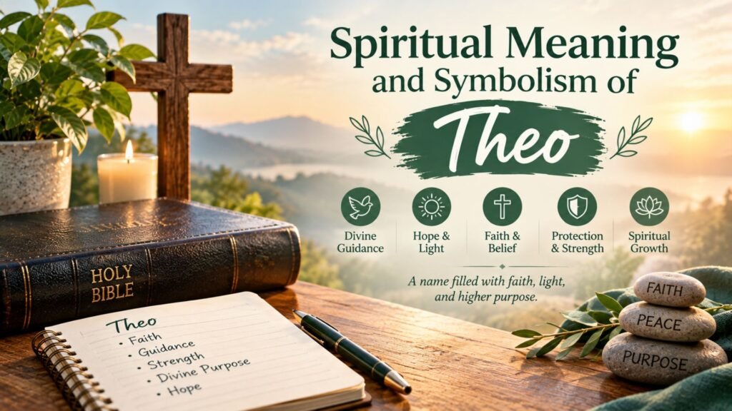 Spiritual meaning and symbolism of Theo represented by a Bible, wooden cross, candle, sunrise, and symbols of faith, hope, guidance, protection, and spiritual growth.
