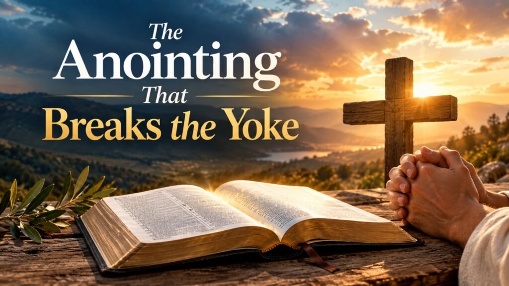 The Anointing That Breaks the Yoke – open Bible, wooden cross, and praying hands illuminated by golden sunrise light