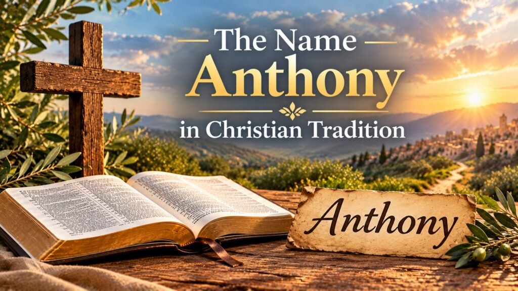 The Name Anthony in Christian Tradition, featuring an open Bible, wooden cross, Anthony name plaque, olive branches, and a peaceful sunrise landscape.