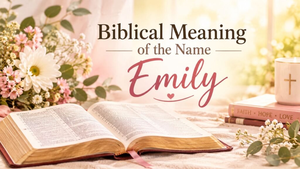 Open Bible with flowers and the name Emily representing the biblical meaning and spiritual significance of the name Emily.