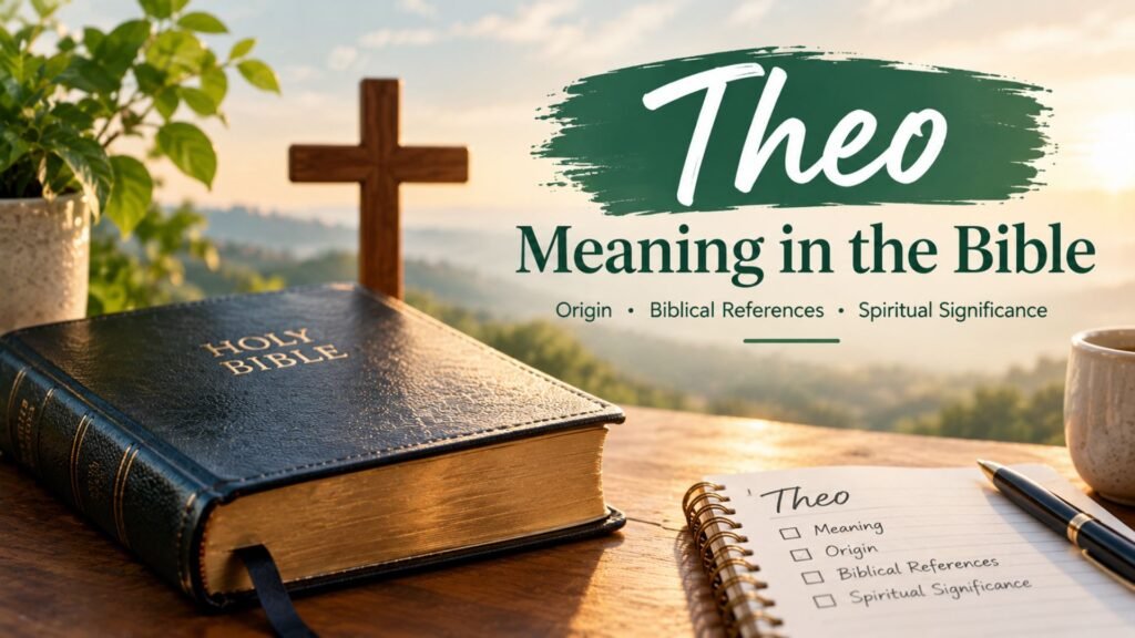 Theo Meaning in the Bible with an open Holy Bible, wooden cross, and warm sunrise representing biblical meaning and spiritual significance.