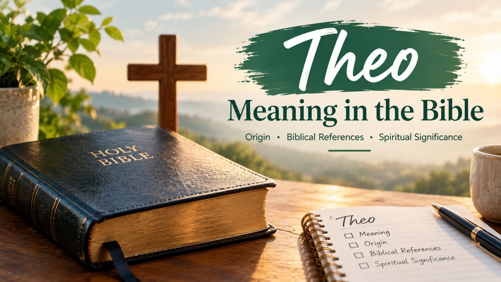 Theo Meaning in the Bible with an open Holy Bible, wooden cross, and warm sunrise representing biblical meaning and spiritual significance.