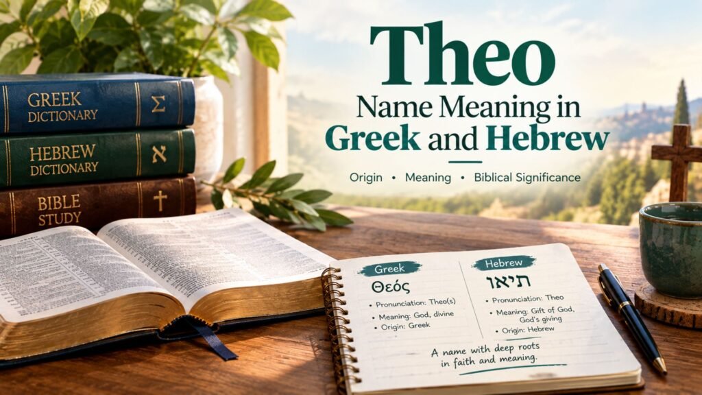 Theo name meaning in Greek and Hebrew shown with a Bible, Greek and Hebrew dictionaries, study notes, and a wooden cross.